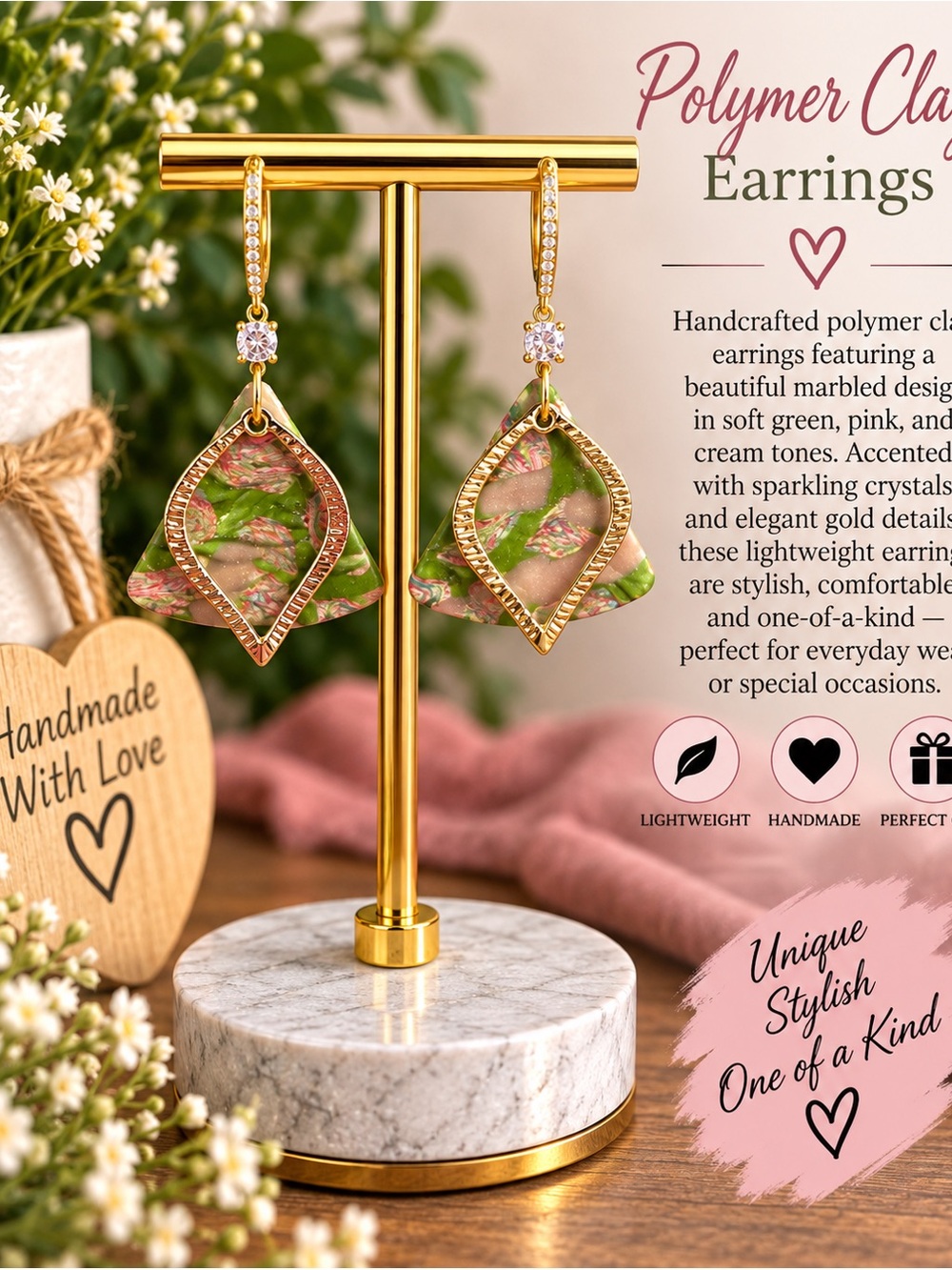 Gold-Trim Green Marbled Polymer Clay Drop Earrings